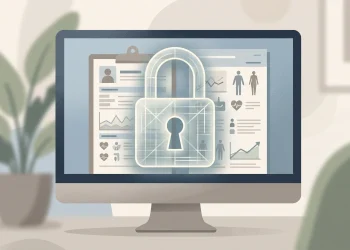 Conceptual illustration of digital data security in a healthcare setting.