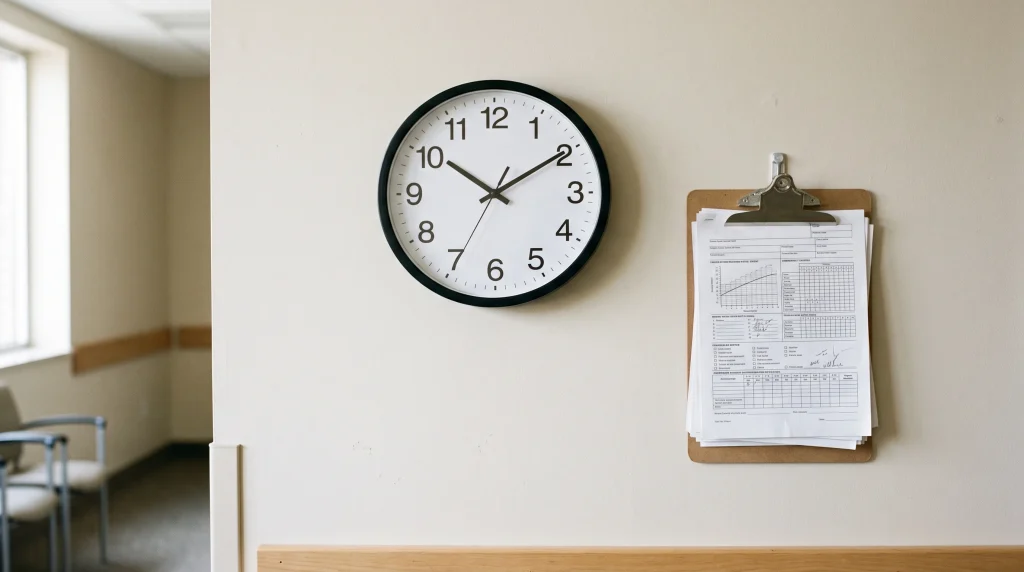 A clock on a hospital wall next to a medical chart.