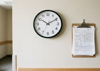 A clock on a hospital wall next to a medical chart.