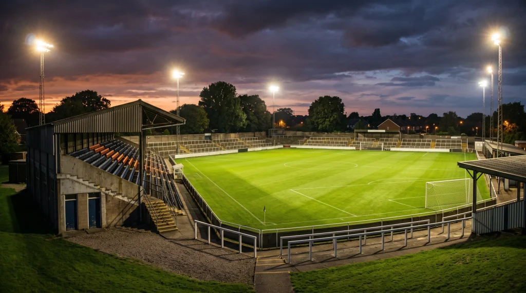 A non-league football stadium under floodlights at dusk.