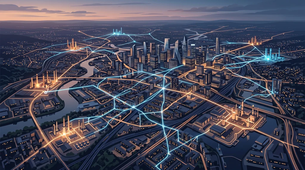 Conceptual visualization of connected urban economic hubs.