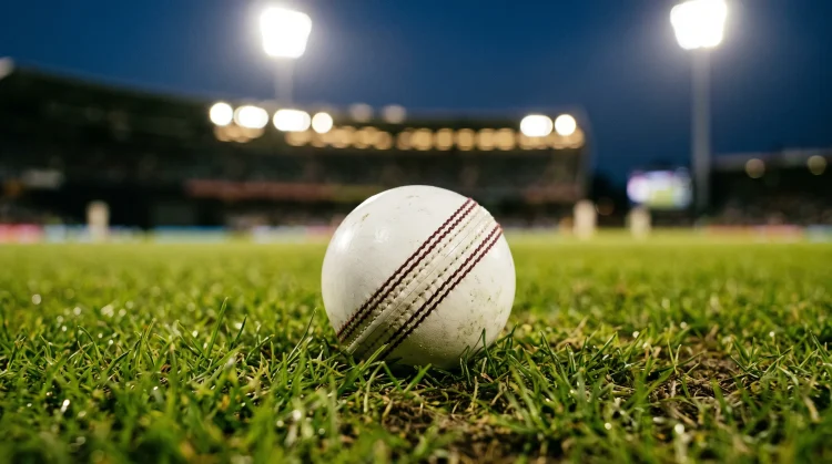 A white cricket ball on a grass pitch under stadium lights.