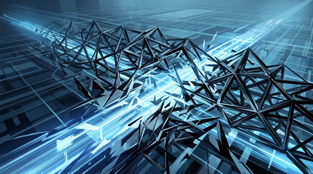 An abstract visualization of a glowing digital path being blocked by a geometric barrier.