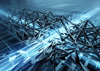 An abstract visualization of a glowing digital path being blocked by a geometric barrier.