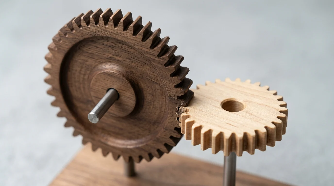 Two wooden gears interlocking to represent collaborative leadership.