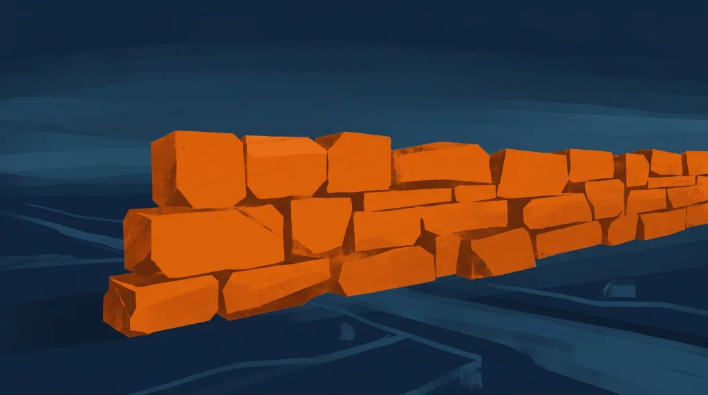 A conceptual illustration of an orange geometric wall against a blue background.