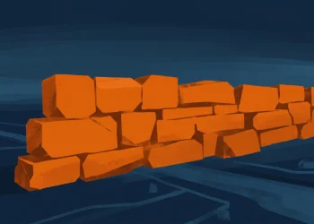 A conceptual illustration of an orange geometric wall against a blue background.