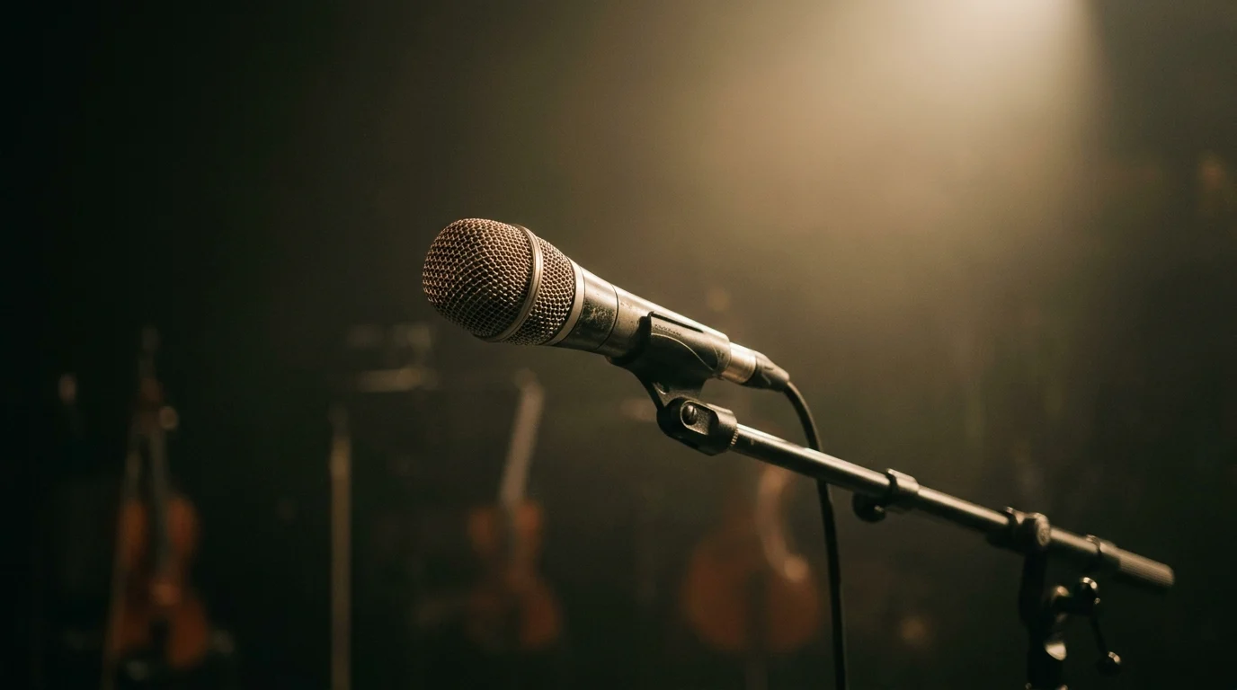 A microphone stands in a spotlight on a dark stage with subtle orchestral silhouettes.