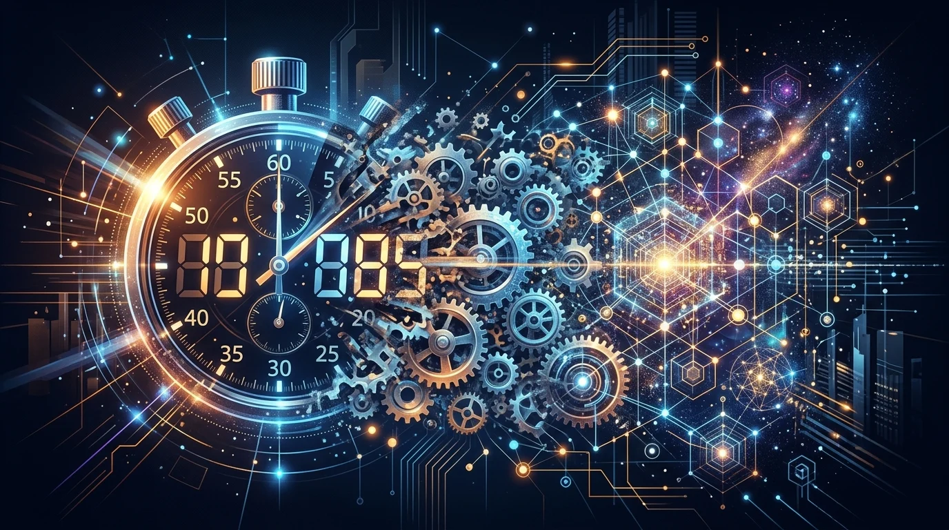 Abstract visualization of a slowing digital clock merging with data patterns.