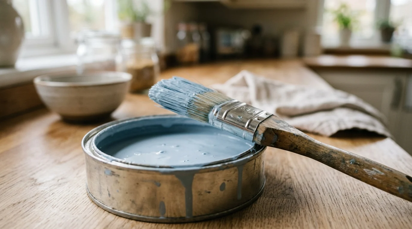 A paintbrush resting on a tin of blue paint in a domestic kitchen.