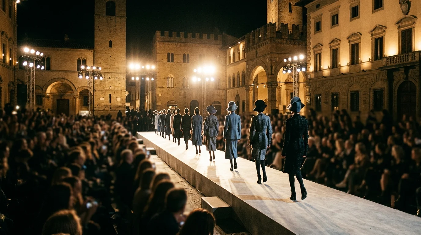 A wide view of an outdoor fashion runway at dusk.