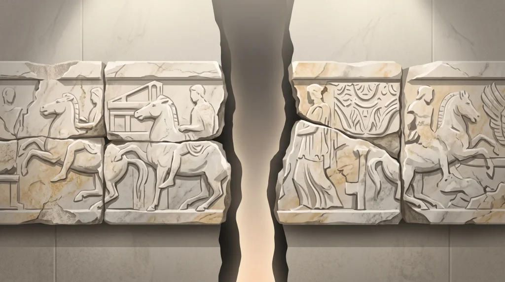 Conceptual depiction of ancient Greek marble friezes showing a symbolic division.