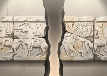 Conceptual depiction of ancient Greek marble friezes showing a symbolic division.