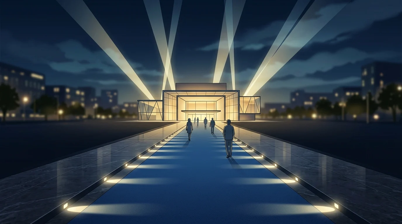 A blue carpet leading to a theater at night