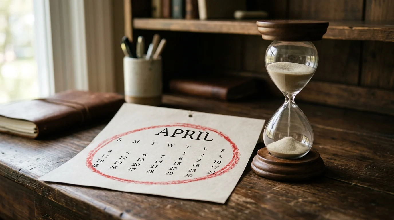 An hourglass and a calendar page with April highlighted, symbolizing the upcoming pension changes.