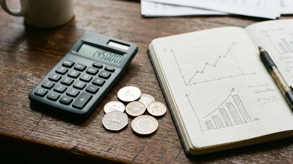 A calculator and British coins representing pension growth and financial planning.