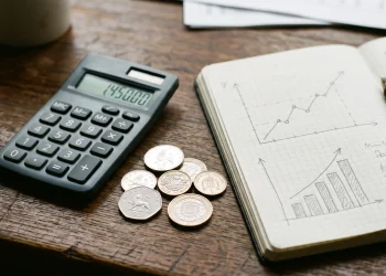 A calculator and British coins representing pension growth and financial planning.