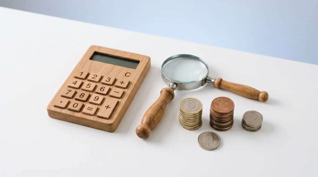 A conceptual image of a calculator and British coins representing financial planning and pension growth.