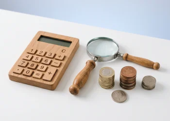 A conceptual image of a calculator and British coins representing financial planning and pension growth.