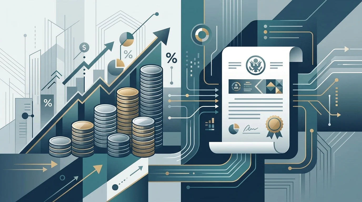 Abstract editorial graphic representing government fiscal policy and pensions.