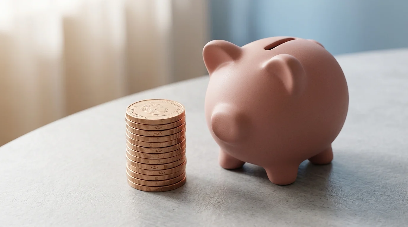 A stack of British pound coins next to a piggy bank.