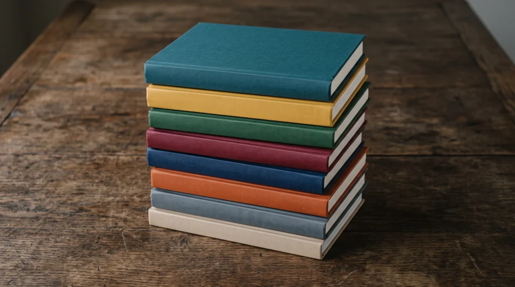 A stack of hardback books on a wooden table.