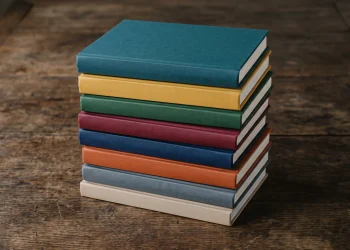 A stack of hardback books on a wooden table.