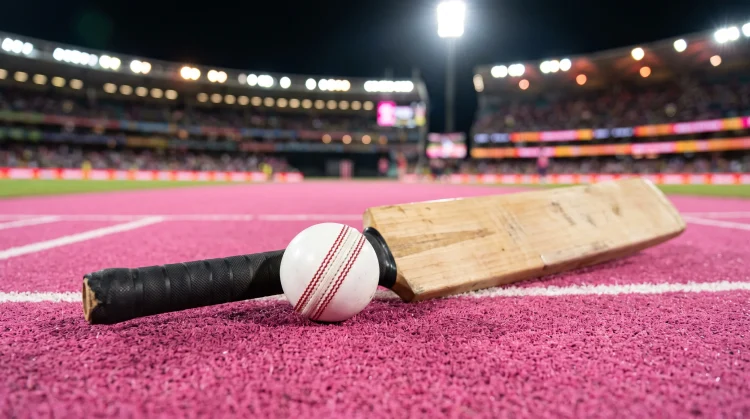 A cricket bat and ball on a pitch with pink accents to represent Pink Day.