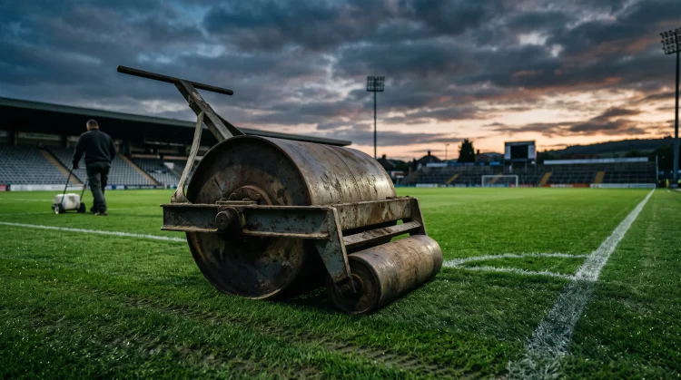 A heavy metal pitch roller resting on a professional grass football field.