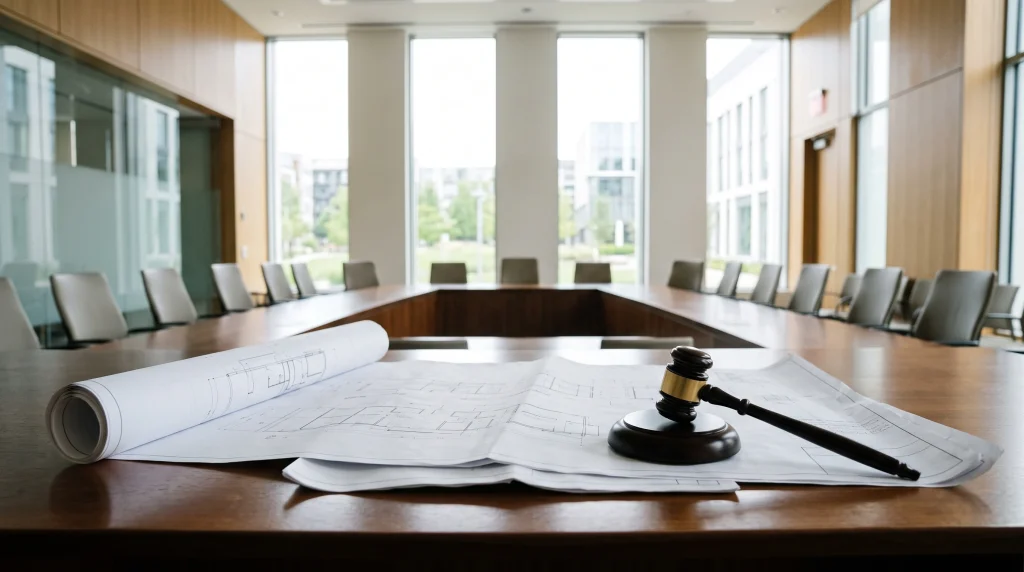 Architectural plans and a gavel on a table in a committee room.