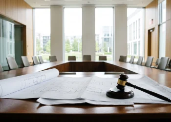 Architectural plans and a gavel on a table in a committee room.