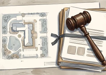 Conceptual illustration of planning documents and a gavel.