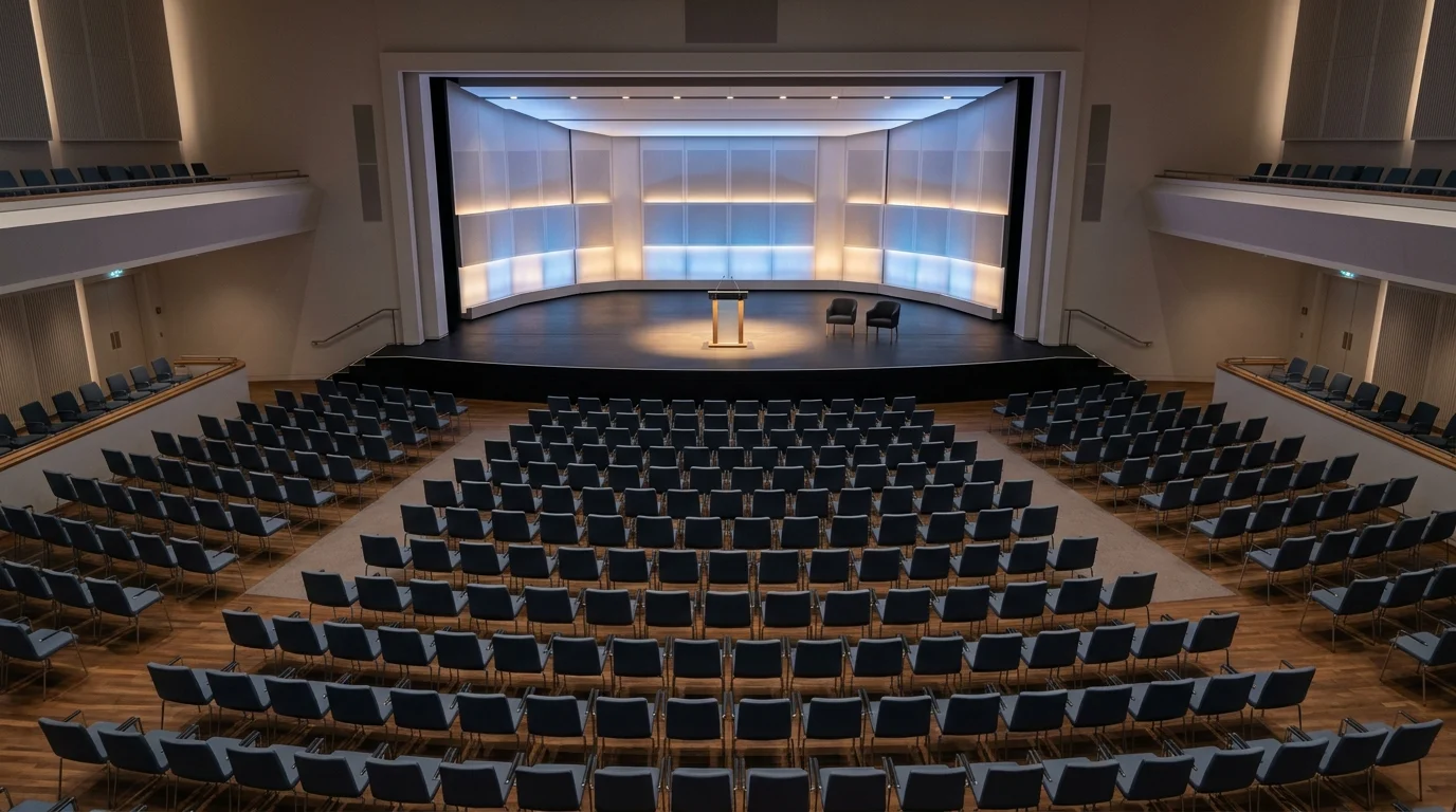 A minimalist illustration of a political conference stage with a lectern.