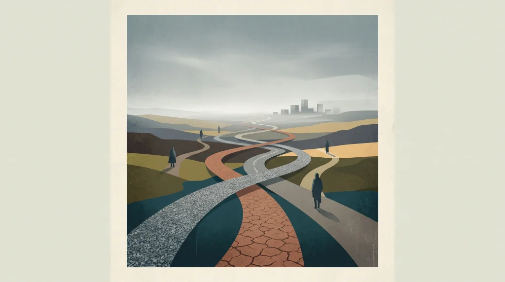 A conceptual illustration of four different paths merging into the distance.