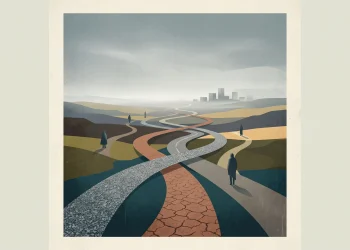 A conceptual illustration of four different paths merging into the distance.