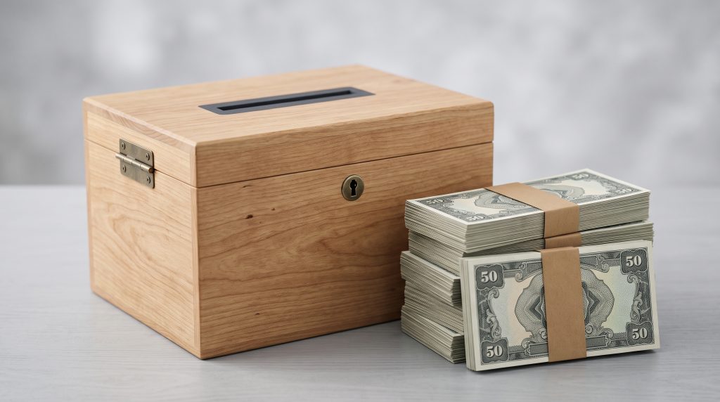 A ballot box next to stacks of money representing political donations.