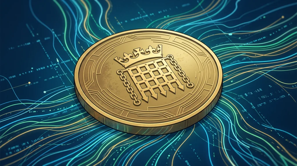 A conceptual illustration of a gold coin with a Westminster symbol.