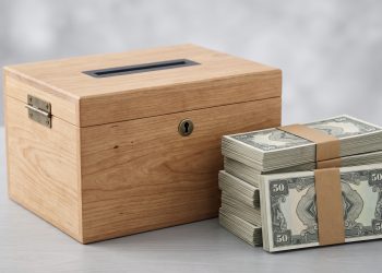 A ballot box next to stacks of money representing political donations.