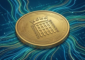 A conceptual illustration of a gold coin with a Westminster symbol.