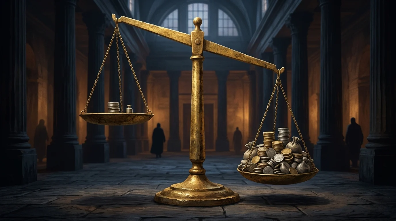 An abstract scale tipped by coins in a hall of pillars.
