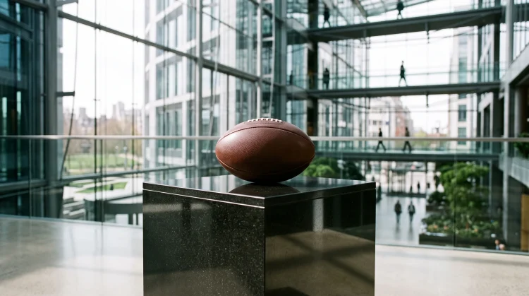 A professional rugby ball on a pedestal in a corporate environment.