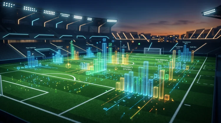 A digital representation of football statistics and data analytics over a green pitch.