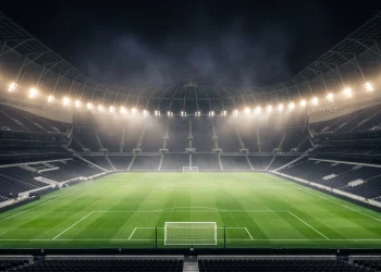 A wide shot of a football stadium pitch at night under bright floodlights.