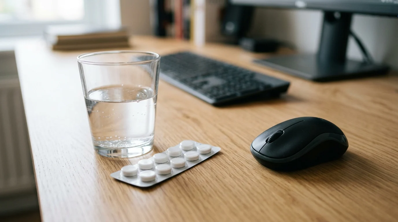 Medicine and a computer mouse on a desk representing working while unwell.