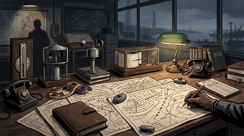 Conceptual illustration of 1940s weather mapping equipment and charts.