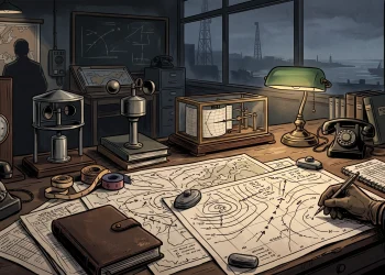 Conceptual illustration of 1940s weather mapping equipment and charts.
