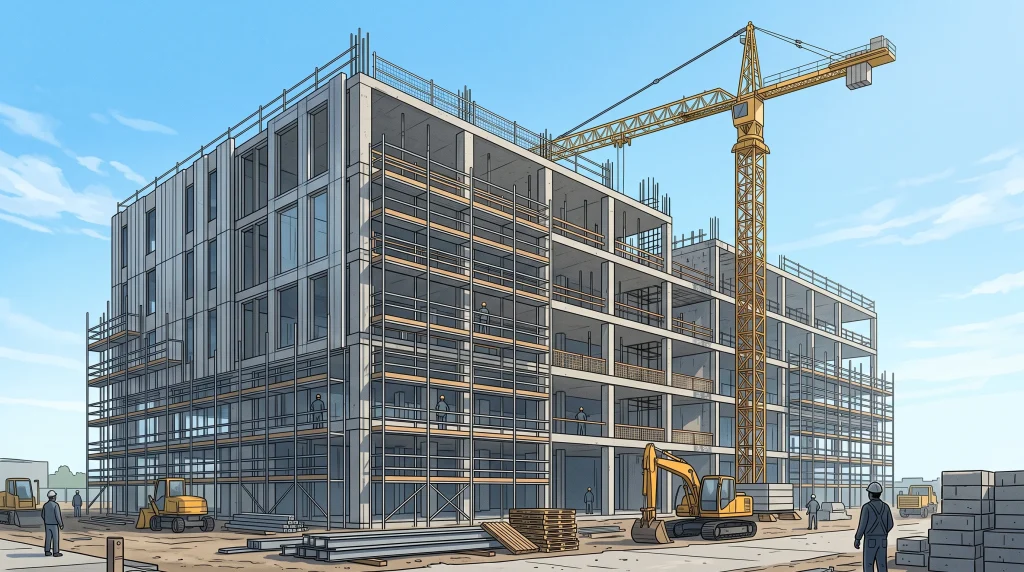 Conceptual illustration of a modern building under construction with scaffolding.