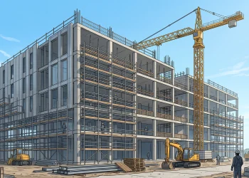 Conceptual illustration of a modern building under construction with scaffolding.