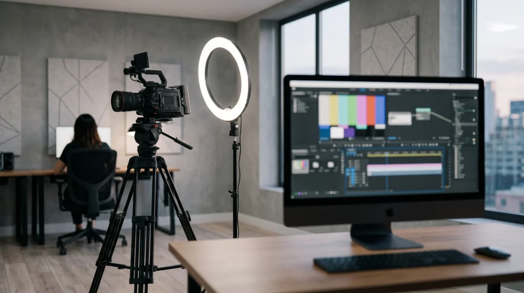 A professional video production setup with a camera and lighting gear in a modern studio.