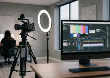 A professional video production setup with a camera and lighting gear in a modern studio.